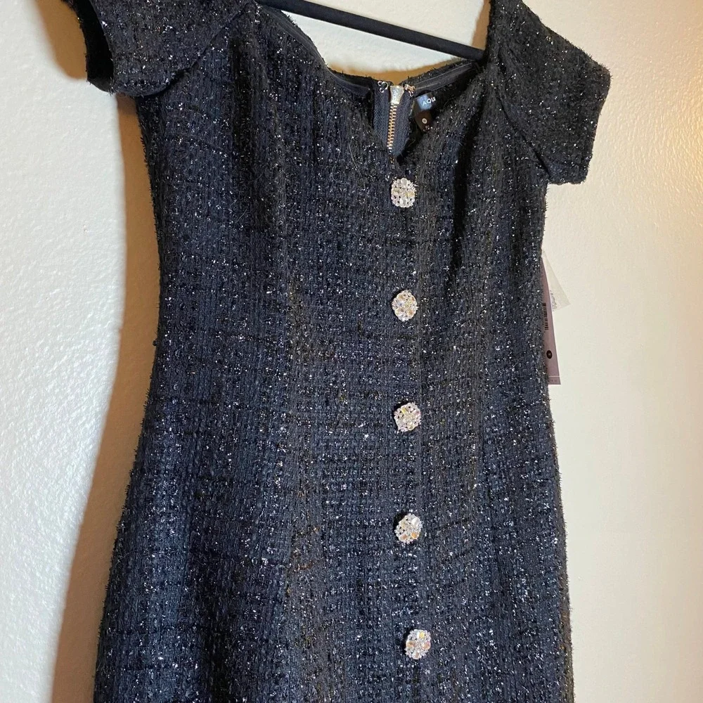 AQUA Black Tweed Mini Dress Off Shoulder Party Cocktail Rhinestone Buttons M - Picture 7 of 16